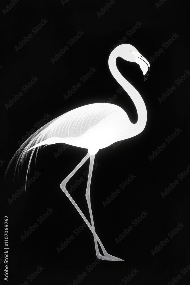 Fototapeta premium Minimalist white flamingo silhouette on a black background, ideal for modern posters, decor, or nature-inspired designs with a contemporary twist..