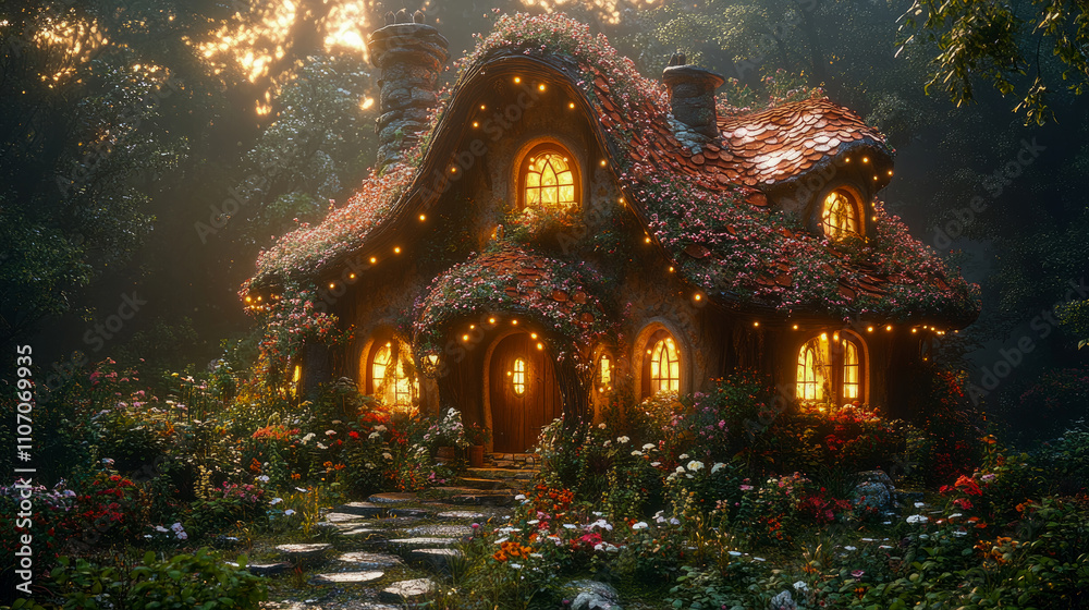 Obraz premium A cozy cottage with blooming flowers and glowing windows stands in a vibrant forest at twilight, radiating a warm and inviting atmosphere