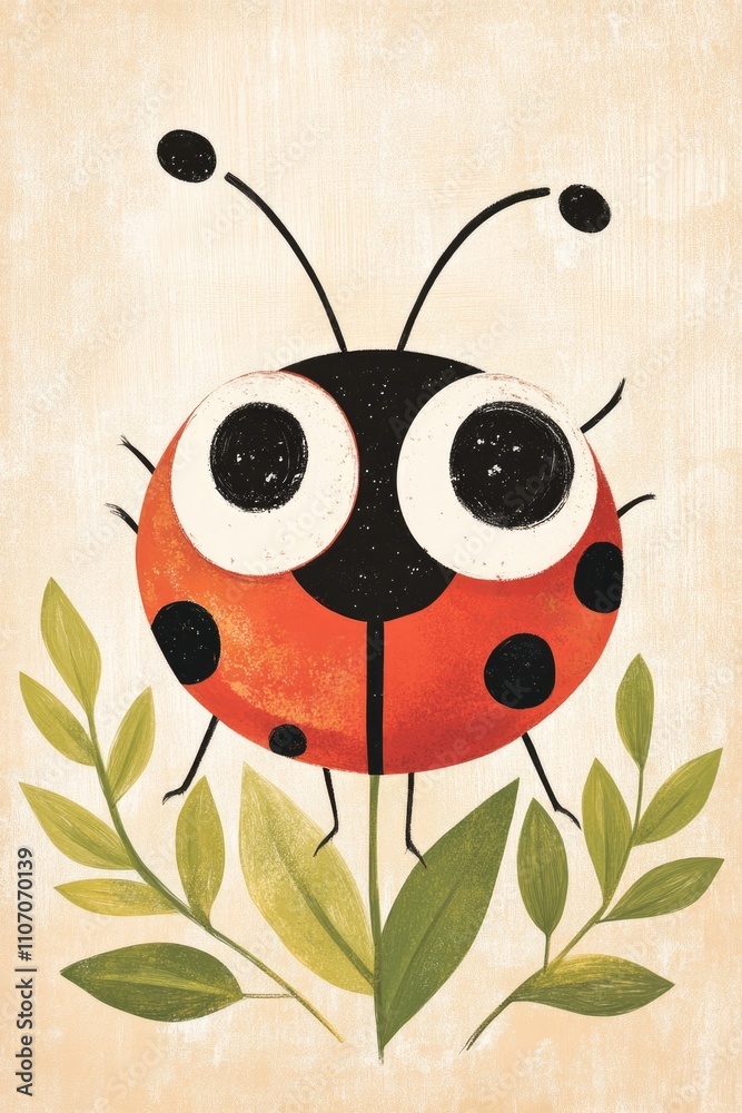 Naklejka premium Minimalistic cartoon ladybug on a beige background surrounded by green leaves, perfect for nature-themed posters, cards, and cozy home decor..