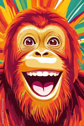 Cheerful orangutan with a wide smile against a vibrant sunburst background in bold colors, perfect for kids-themed posters and lively decor.. photo