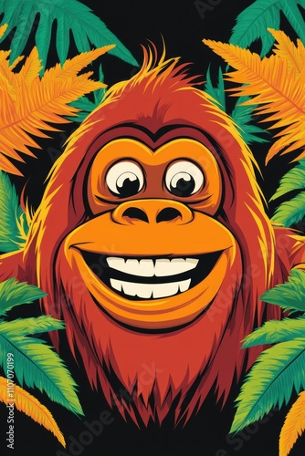 Smiling cartoon orangutan surrounded by lush green jungle leaves on a dark background, ideal for jungle-themed decor, posters, and playful designs.. photo