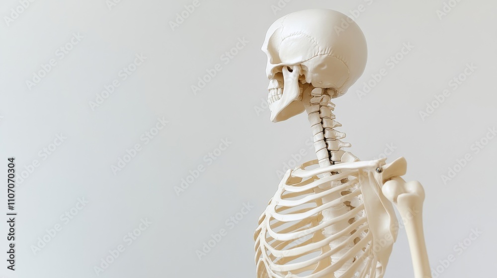 A detailed view of a human skeletal system model with a neutral white background, Educational style, photo of A detailed view of a human skeletal system model with a neutral white background, Educational style, photo of