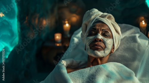 Old dark-skinned lady with cosmetological white mask on her face and closed eyes lays in the spa in white robe for beauty procedures