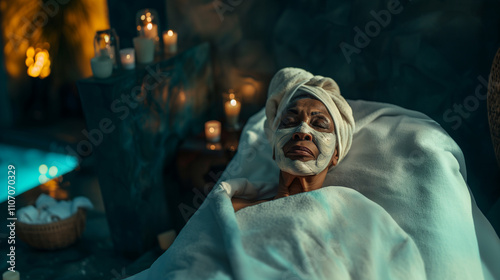 Old dark-skinned lady with cosmetological white mask on her face and closed eyes lays in the spa in white robe for beauty procedures