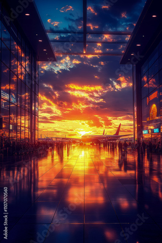 Wallpaper Mural Vibrant sunset illuminates an airport terminal, reflecting on polished floors as travelers wait for their flights, creating a stunning atmosphere Torontodigital.ca