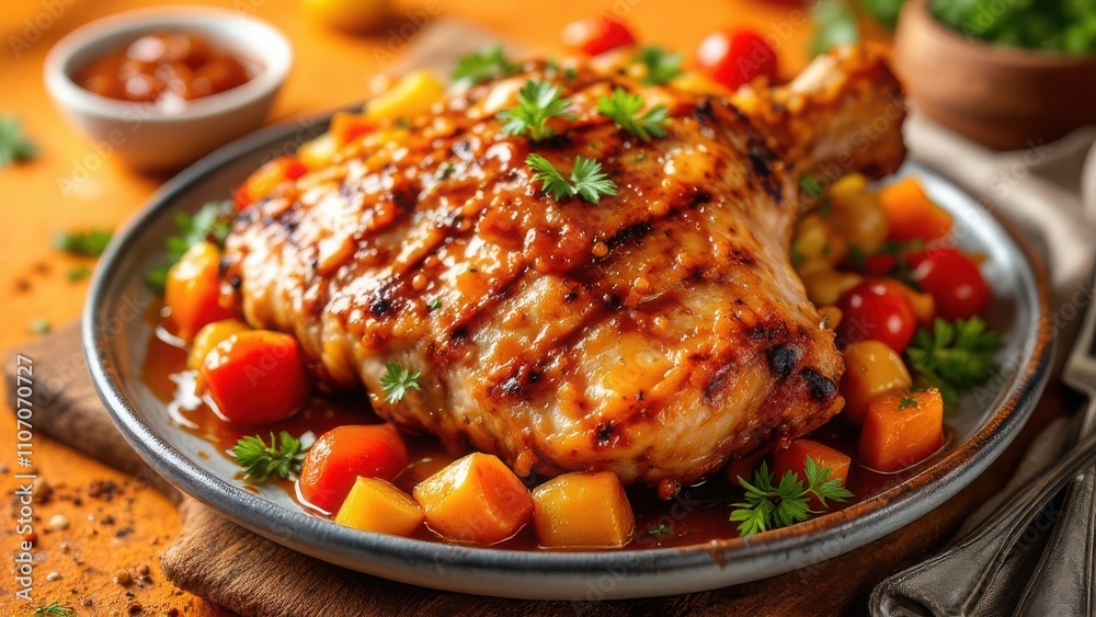 Juicy German Honey Roasted Pork Knuckle, perfectly caramelized, surrounded by fresh vegetables, sweet and tangy sauce, set against a vibrant orange background. Gourmet food photography Juicy German Honey Roasted Pork Knuckle, perfectly caramelized, surrounded by fresh vegetables, sweet and tangy sauce, set against a vibrant orange background. Gourmet food photography