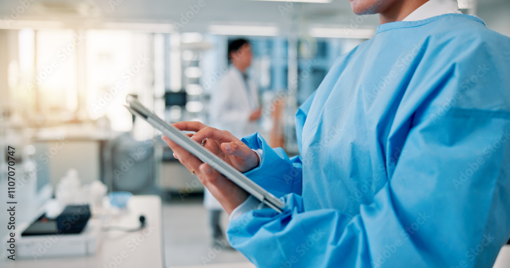 Medical, scrubs and tablet with hands of nurse in hospital for diagnosis, research or telehealth. Healthcare, internet and technology with medicine professional person closeup at clinic in Japan Medical, scrubs and tablet with hands of nurse in hospital for diagnosis, research or telehealth. Healthcare, internet and technology with medicine professional person closeup at clinic in Japan