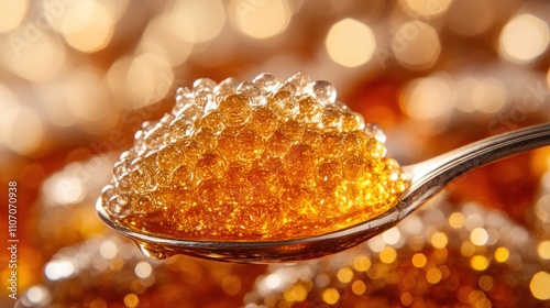 Golden spheres of food on spoon. photo