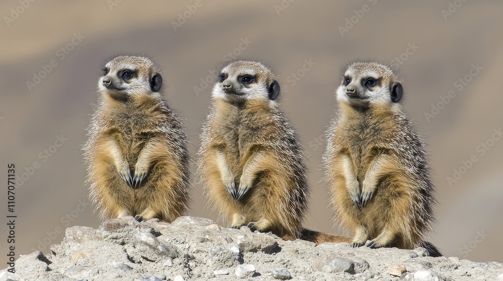 Fototapeta premium Three Meerkats Standing Together On Rocks