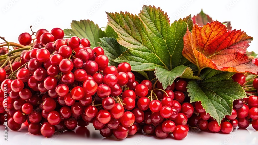 Panoramic View of Vibrant Red Berries of Viburnum Opulus Plant Against a White Background, Showcasing the Rich Texture and Color Contrast for Nature and Botany Enthusiasts Panoramic View of Vibrant Red Berries of Viburnum Opulus Plant Against a White Background, Showcasing the Rich Texture and Color Contrast for Nature and Botany Enthusiasts