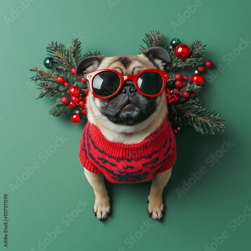 A cute and cheerful pug in a Christmas sweater with matching colorful decorations around it, with bright and vibrant colors, in the spirit of the holidays, Christmas, and New Year