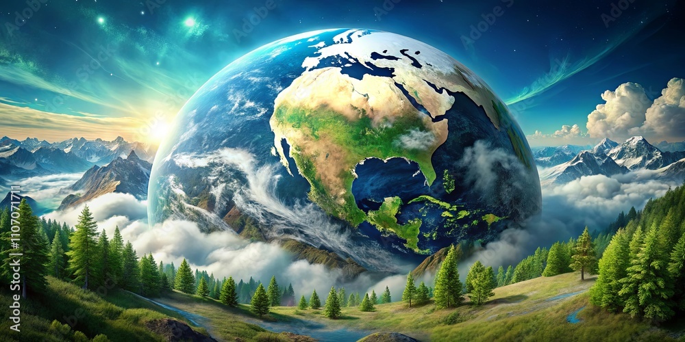 A Majestic Earth Sphere Hovering Above a Serene Mountain Landscape at Dawn A Majestic Earth Sphere Hovering Above a Serene Mountain Landscape at Dawn