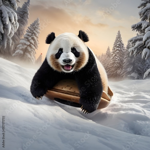 Joyful Panda Sliding Down a Snowy Slope: Winter Fun in Nature's Bliss photo