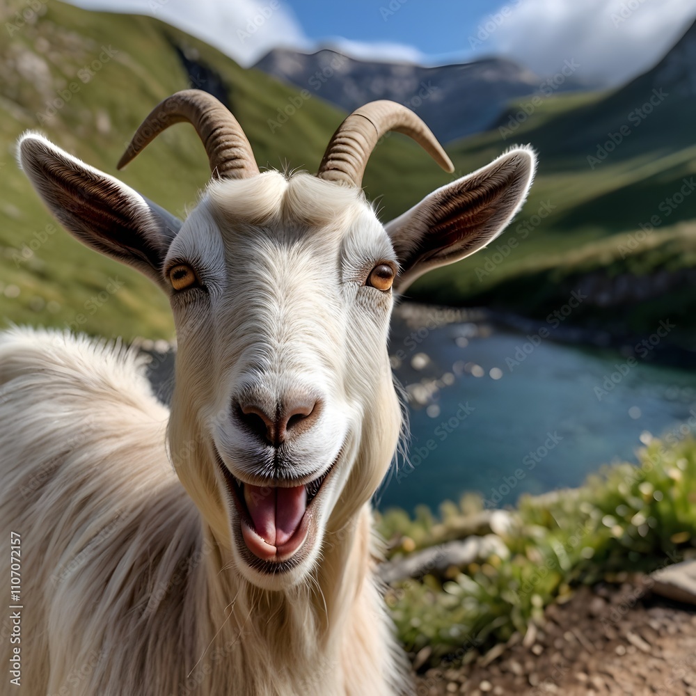 Charming Goat Steals the Spotlight from a Stunning Mountain Landscape Charming Goat Steals the Spotlight from a Stunning Mountain Landscape