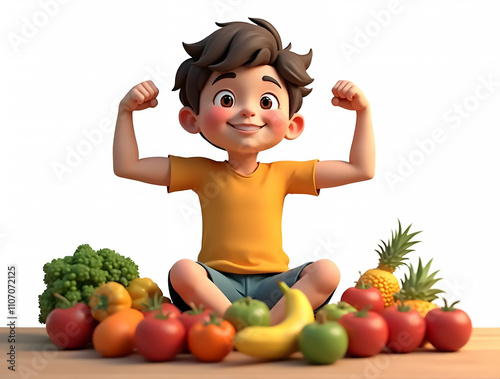 Adorable Little Boy Sitting at a Table Piled with Fruits, Flexing His Strong Arms - 3D Cartoon Illustration photo