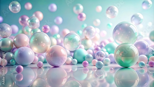 Ethereal Pastel Spheres Floating on Reflective Surface An Abstract Composition of Iridescent Bubbles