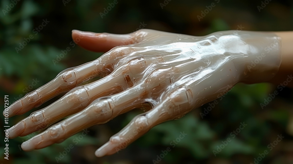 A delicate transparent hand sculpture is positioned in a lush outdoor setting, emphasizing fine details against a backdrop of greenery, illuminated softly A delicate transparent hand sculpture is positioned in a lush outdoor setting, emphasizing fine details against a backdrop of greenery, illuminated softly