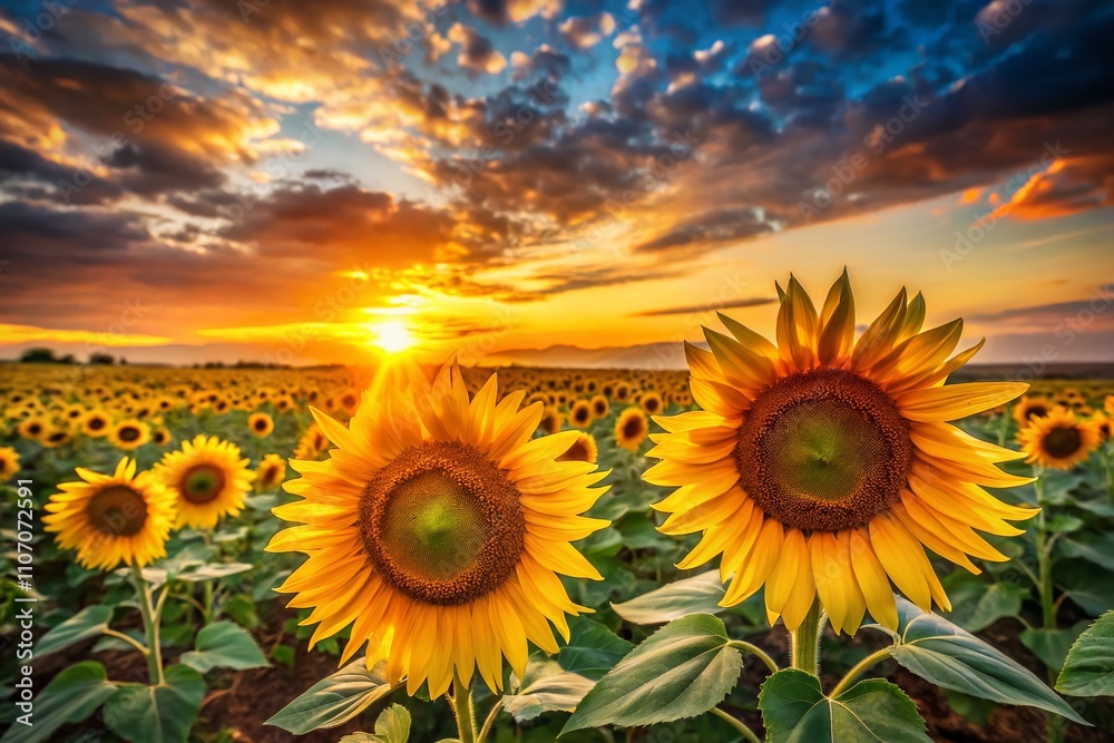 Fototapeta premium Picturesque Sunset Over a Field of Sunflowers with Vibrant Colors and Beautiful Clouds Creating a Serene and Tranquil Landscape Perfect for Nature Lovers and Photography Enthusiasts