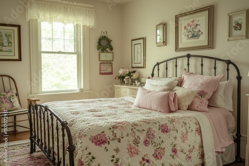 french country bedroom, a serene french country bedroom with soft pastel tones, a wrought-iron bed, and floral-patterned quilts exuding quaint charm