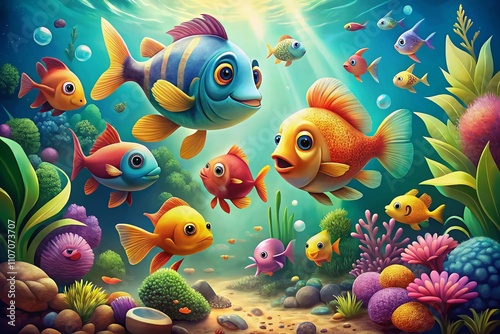 Playful and Colorful Cartoon Fish Illustrations Perfect for Children's Educational Materials with a Vintage Style Photography Touch that Engages Young Minds photo