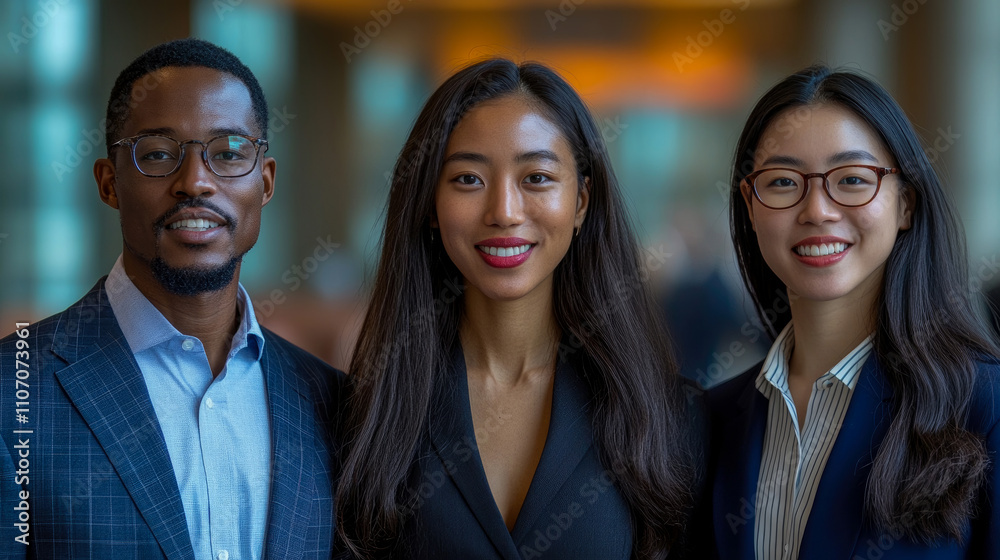 Three individuals stand together in a contemporary office space, showcasing professional attire while engaging in a networking event, smiling confidently Three individuals stand together in a contemporary office space, showcasing professional attire while engaging in a networking event, smiling confidently