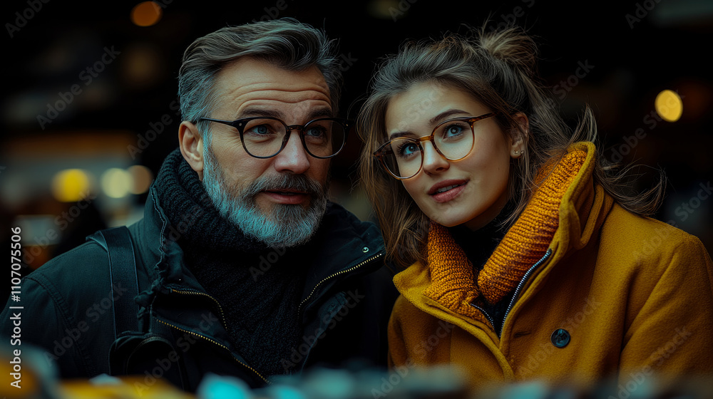 Obraz premium A man and woman share a light-hearted moment at an outdoor market, surrounded by autumn decor and warm clothing, under a cozy atmosphere
