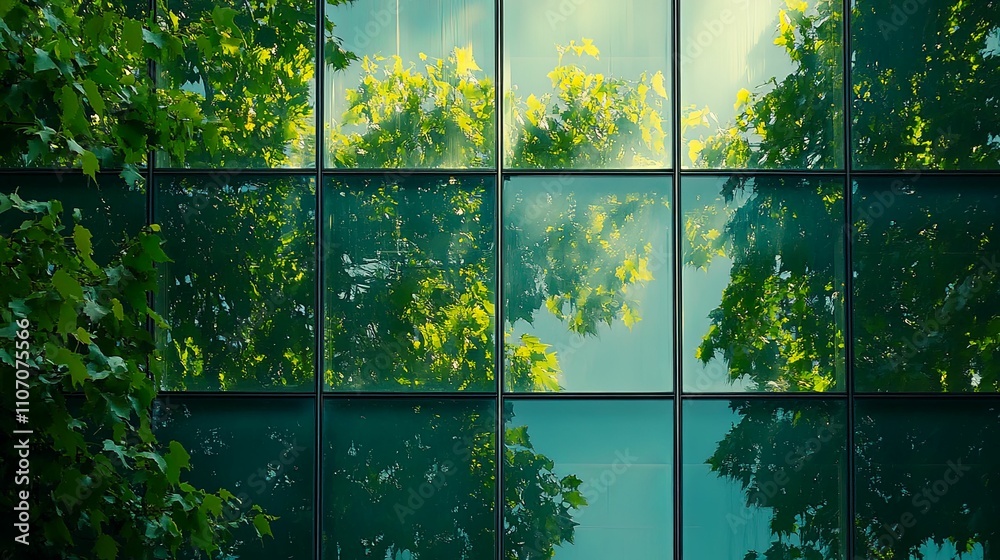Green Leaves Reflected In Modern Building Windows Green Leaves Reflected In Modern Building Windows