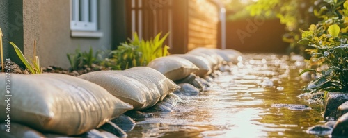 Sandbags Protecting a Home From Flooding, with a Shallow Stream in the Foreground and Sunlit Buildings in the Background