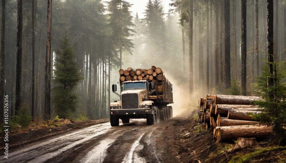 A large truck carrying logs driving through a misty forest. A large truck carrying logs driving through a misty forest.