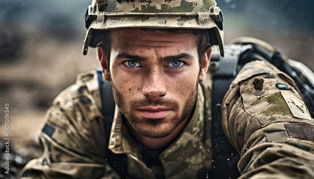 A soldier in camouflage looking intensely into the camera with a battlefield background A soldier in camouflage looking intensely into the camera with a battlefield background