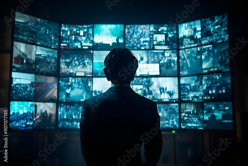 A person observes multiple screens displaying various live feeds in a control room.