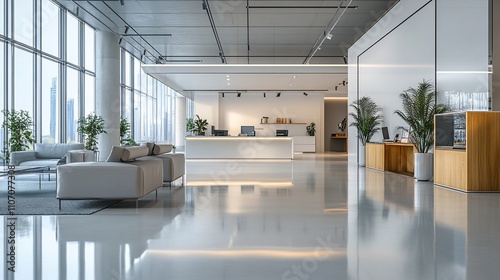 Modern office lobby with sleek furniture and a welcoming atmosphere.