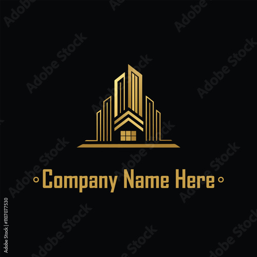 Gold real estate logo with a highrise and house outline