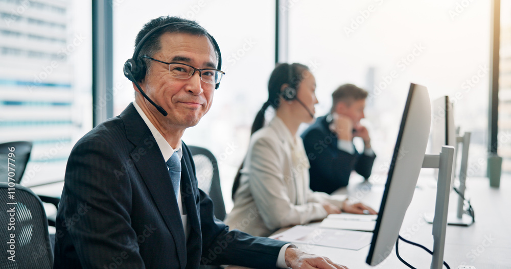 Call center, mature man and portrait with microphone for customer service, virtual support or CRM assistance. Japanese agency, consultant or smile by computer for FAQ advice, help desk and contact us Call center, mature man and portrait with microphone for customer service, virtual support or CRM assistance. Japanese agency, consultant or smile by computer for FAQ advice, help desk and contact us