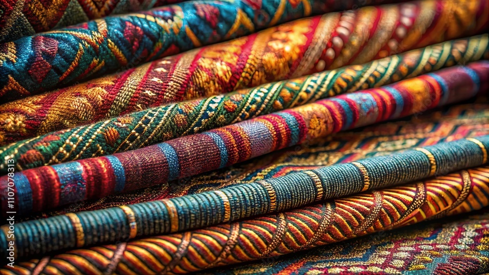 A vibrant collection of richly textured fabrics, showcasing intricate patterns and a diverse range of colors A vibrant collection of richly textured fabrics, showcasing intricate patterns and a diverse range of colors