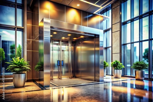 Realistic 3D Detailed Elevator Interior with Opened and Closed Metal Doors in Modern Office Lobby  Showcasing Luxurious Hotel Ambiance and Sleek Design Elements