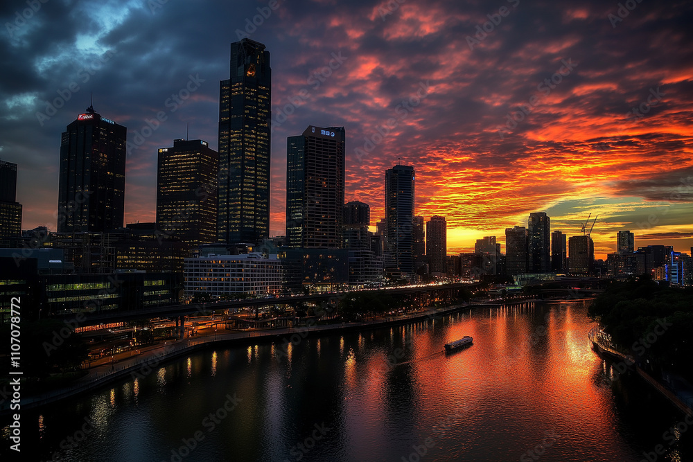 The city skyline at sunset with many tall buildings lit up, a river, the atmosphere is calm and peaceful as the city is quiet and the lights create a relaxing atmosphere. The city skyline at sunset with many tall buildings lit up, a river, the atmosphere is calm and peaceful as the city is quiet and the lights create a relaxing atmosphere.