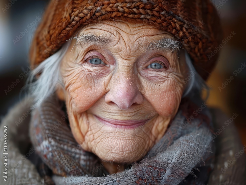 A close-up portrait of an elderly woman with a warm smile, wearing a knitted hat and scarf, showcasing her expressive features and character. A close-up portrait of an elderly woman with a warm smile, wearing a knitted hat and scarf, showcasing her expressive features and character.