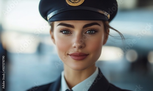 Portrait of a woman in a uniform, smiling confidently.