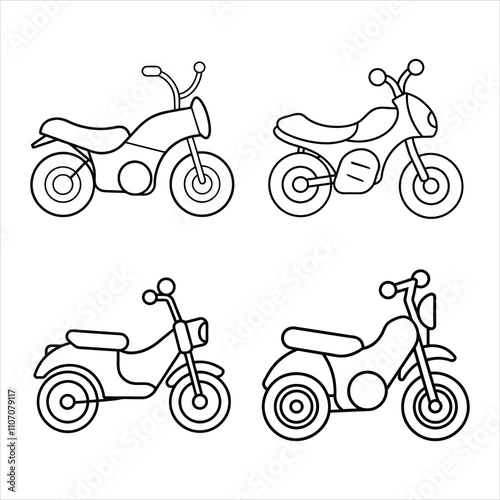  Set of kid motorbike,motorcycle line art vector illustration on white background.