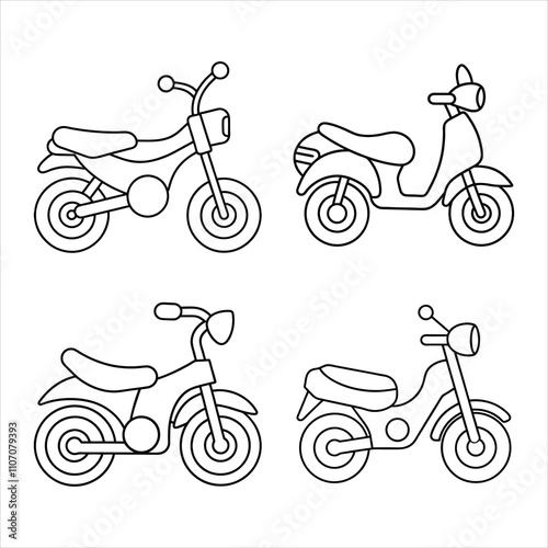  Set of kid motorbike,motorcycle line art vector illustration on white background.