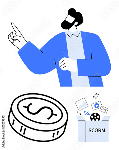 Animated man gesturing upwards, coin symbolizing currency, and a SCORM package box representing digital learning. Ideal for education, e-learning, finance, digital content, corporate training, online photo