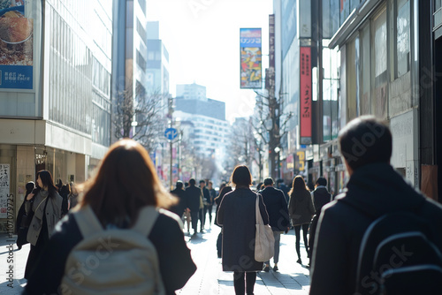 A busy city street with people walking and carrying backpacks. Scene is bustling and lively photo