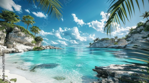 Serene Tropical Beach with Crystal Clear Water and Lush Palm Trees