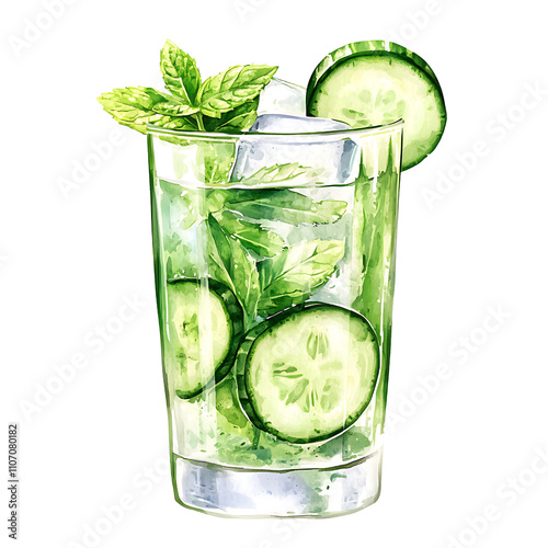 Cute watercolor clipart cucumber juice isolated on white background.