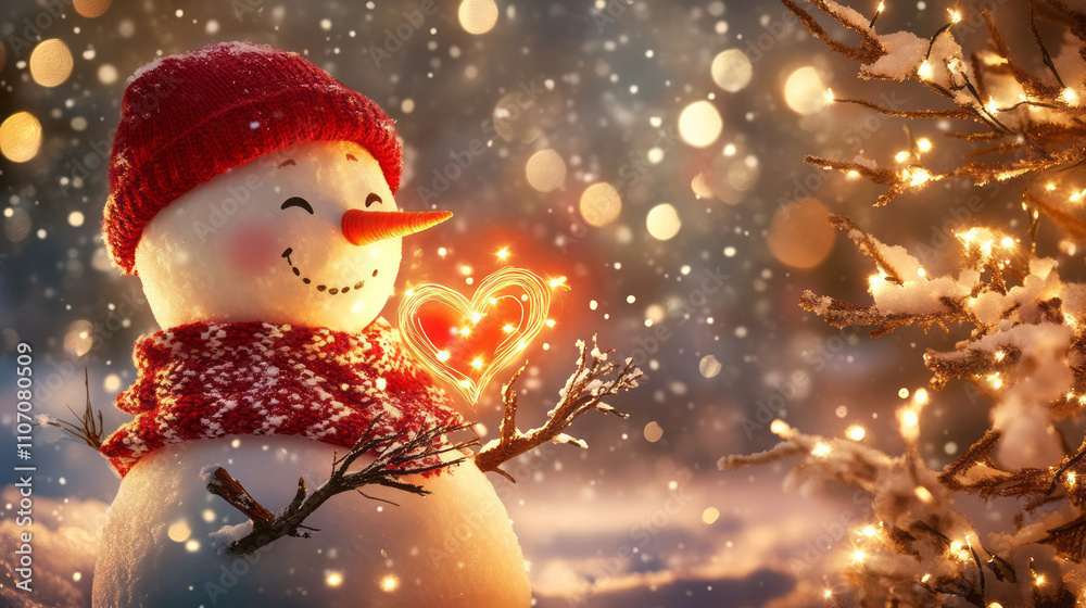 Obraz premium happy snowman holding a glowing heart in the winter background 