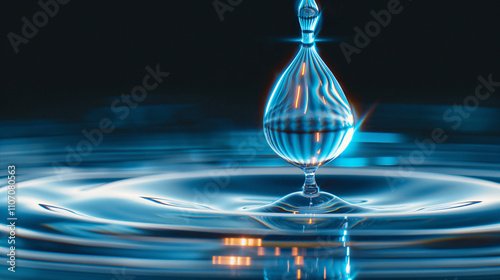 A bright, stylized droplet with a blurry reflection falls on a liquid surface creating circles. Abstract blue shape on dark background