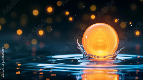 A glowing yellow ball falls into water creating circles and splashes. Abstract dark background with bokeh and copy space.