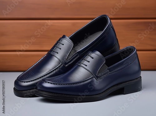 Dark blue men's leather shoes, business casual shoes photo