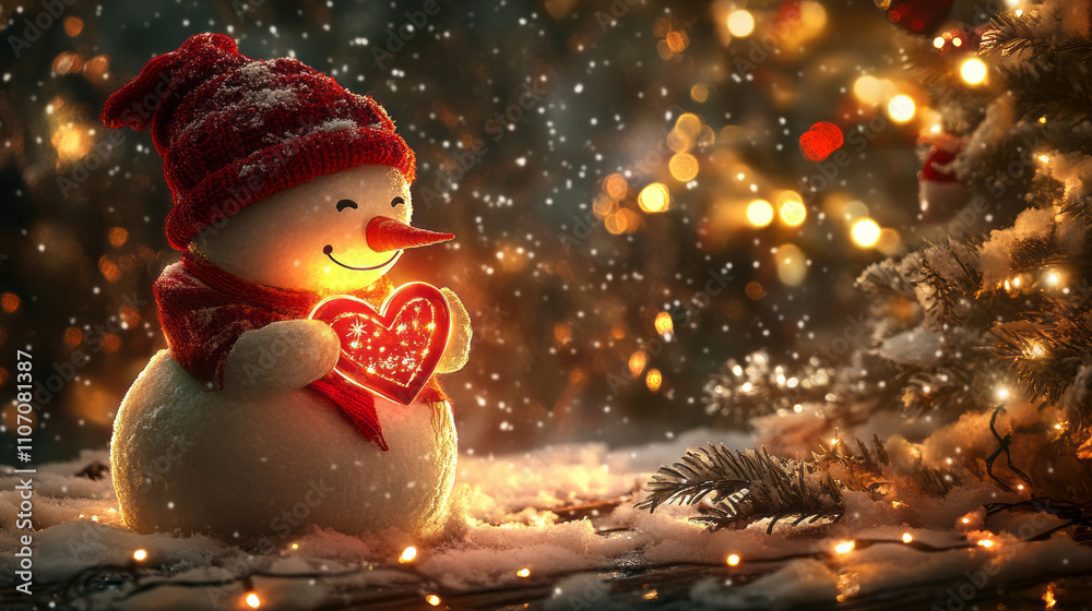 Obraz premium happy snowman holding a glowing heart in the winter background 